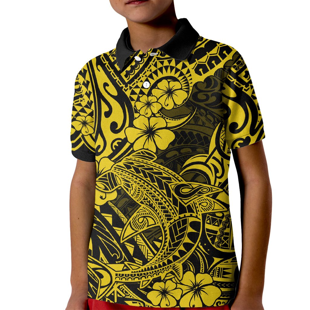 Hawaii Shark Kid Polo Shirt Polynesian Pattern Yellow Version - Wonder Print Shop