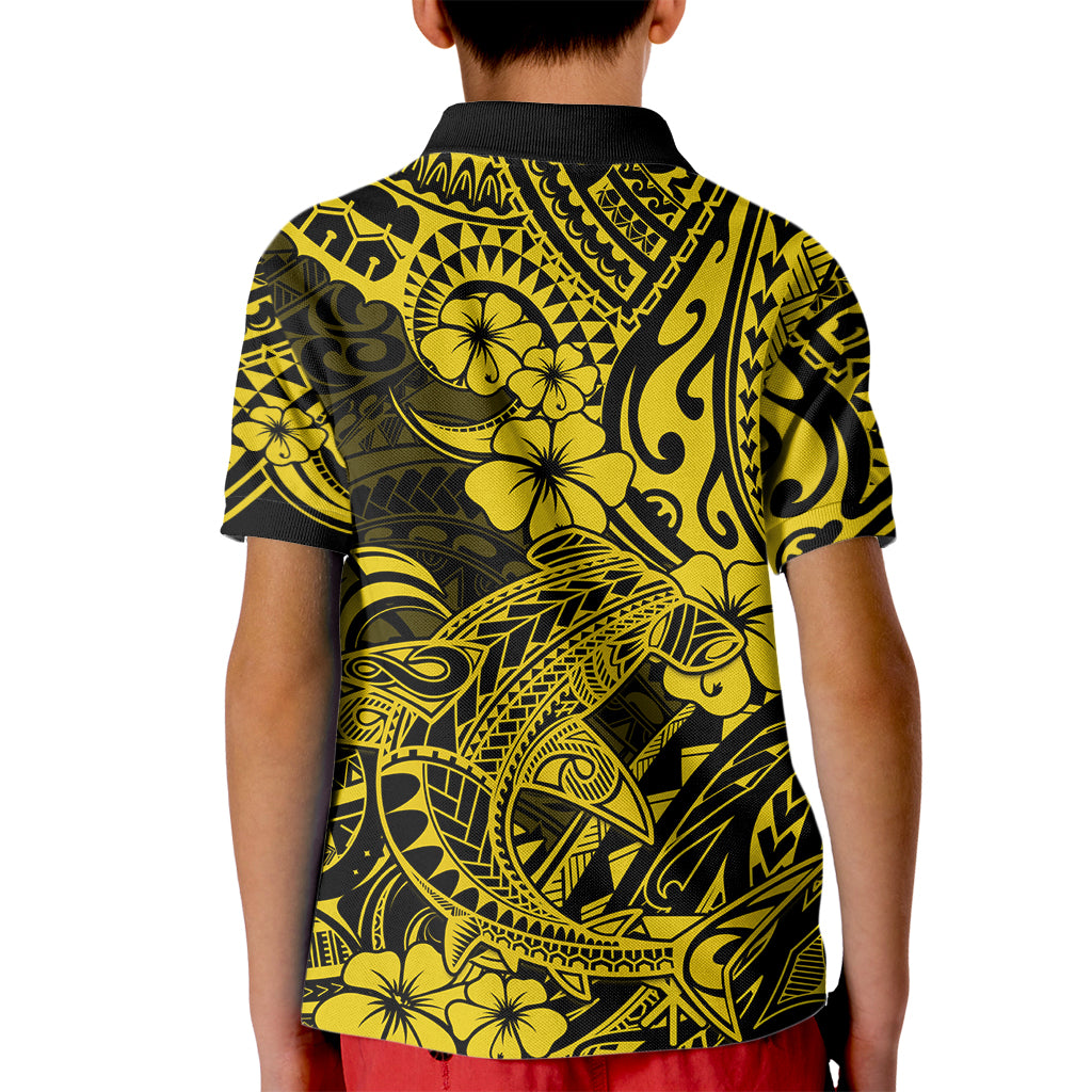 Hawaii Shark Kid Polo Shirt Polynesian Pattern Yellow Version - Wonder Print Shop