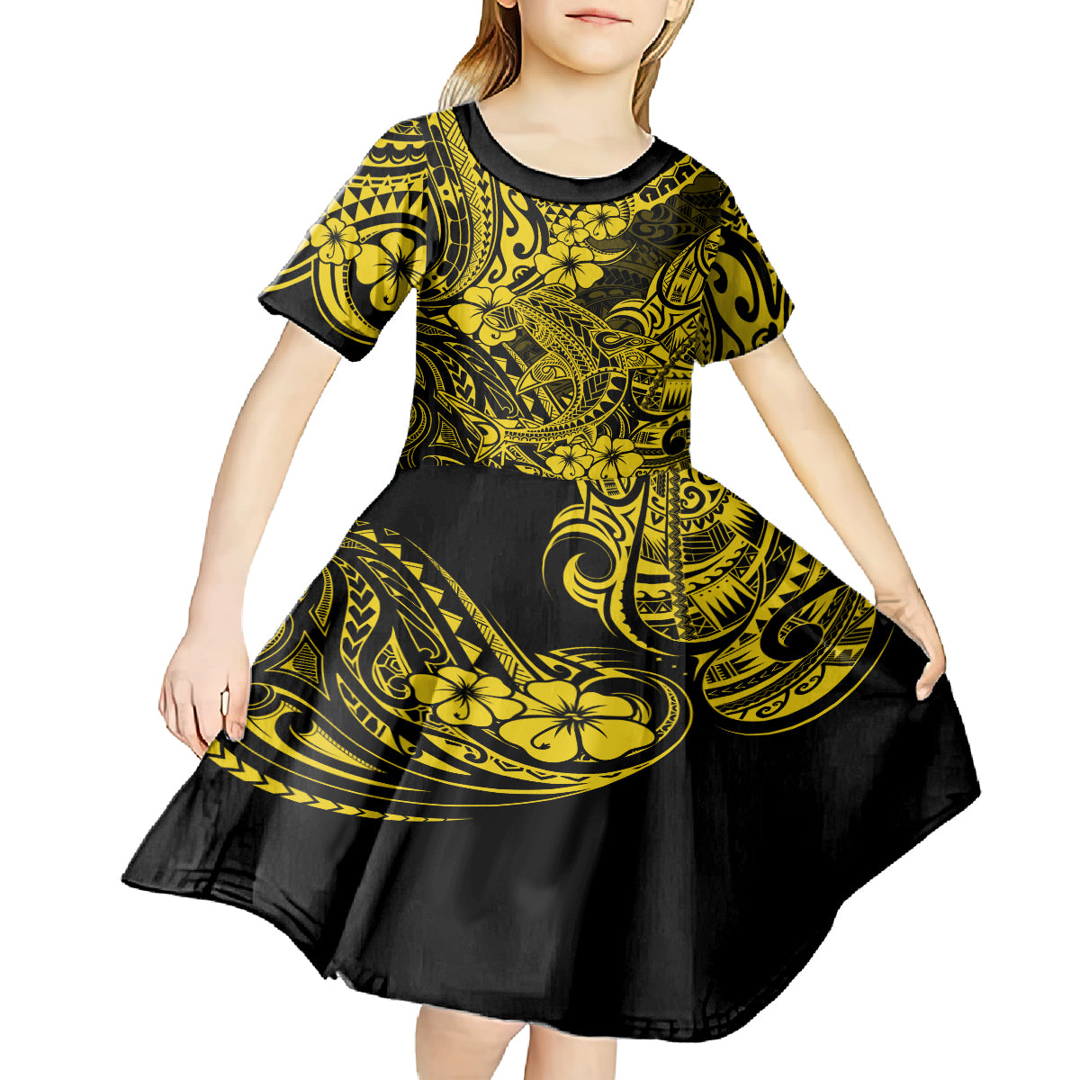Hawaii Shark Kid Short Sleeve Dress Polynesian Pattern Yellow Version - Wonder Print Shop