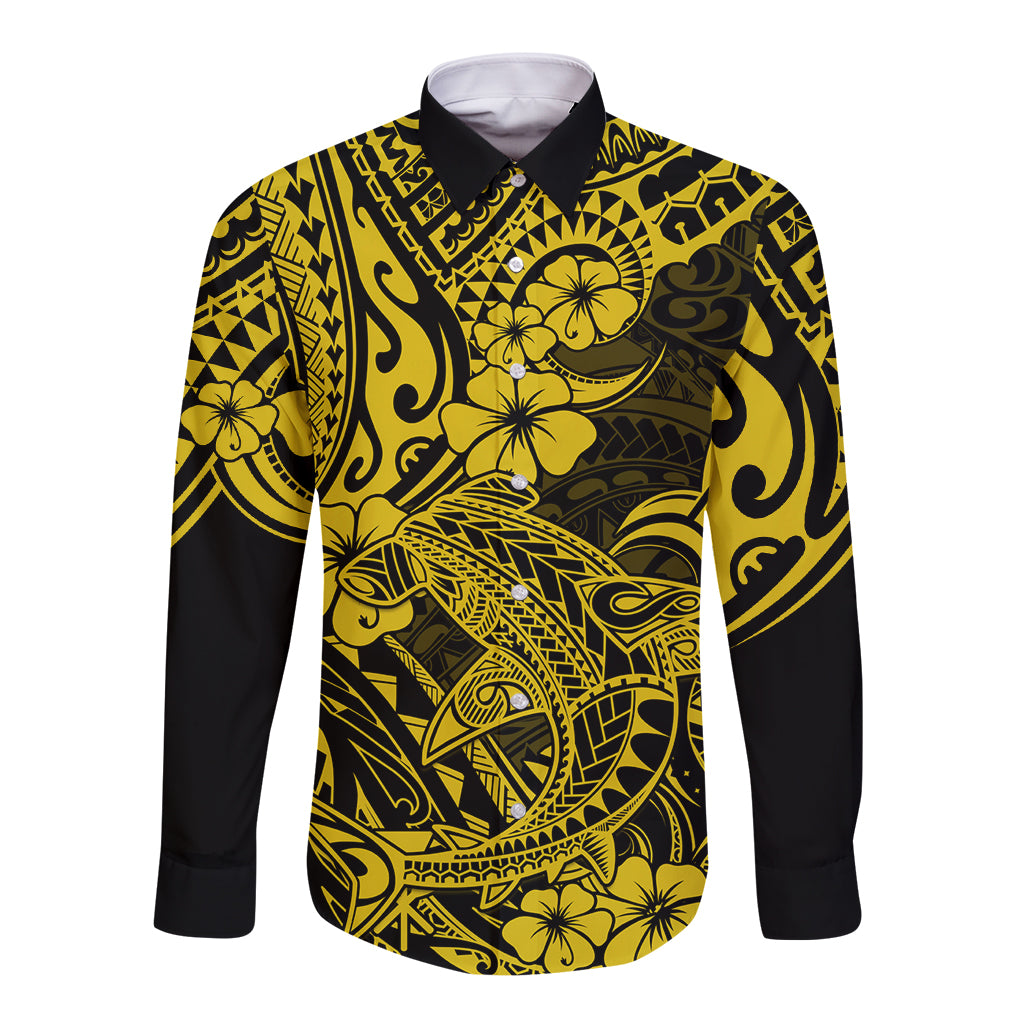 Hawaii Shark Long Sleeve Button Shirt Polynesian Pattern Yellow Version - Wonder Print Shop