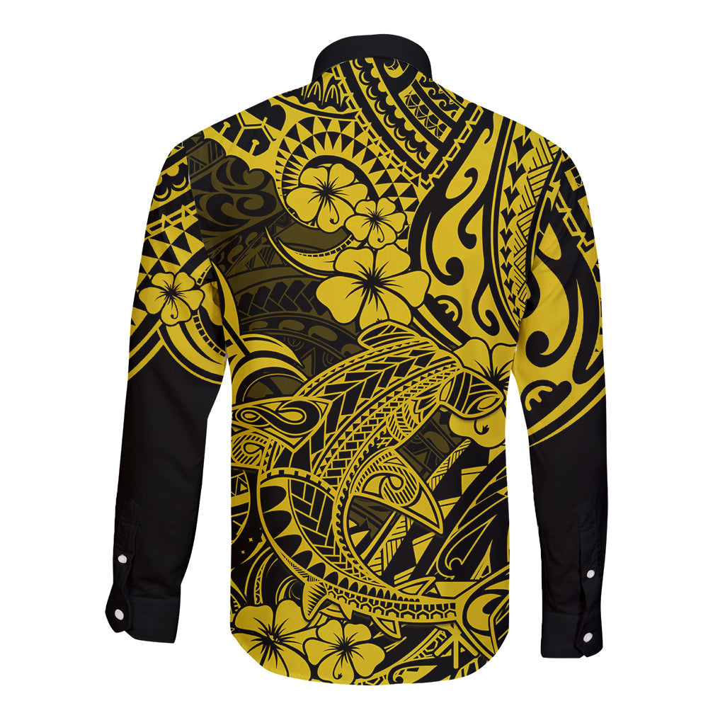 Hawaii Shark Long Sleeve Button Shirt Polynesian Pattern Yellow Version - Wonder Print Shop