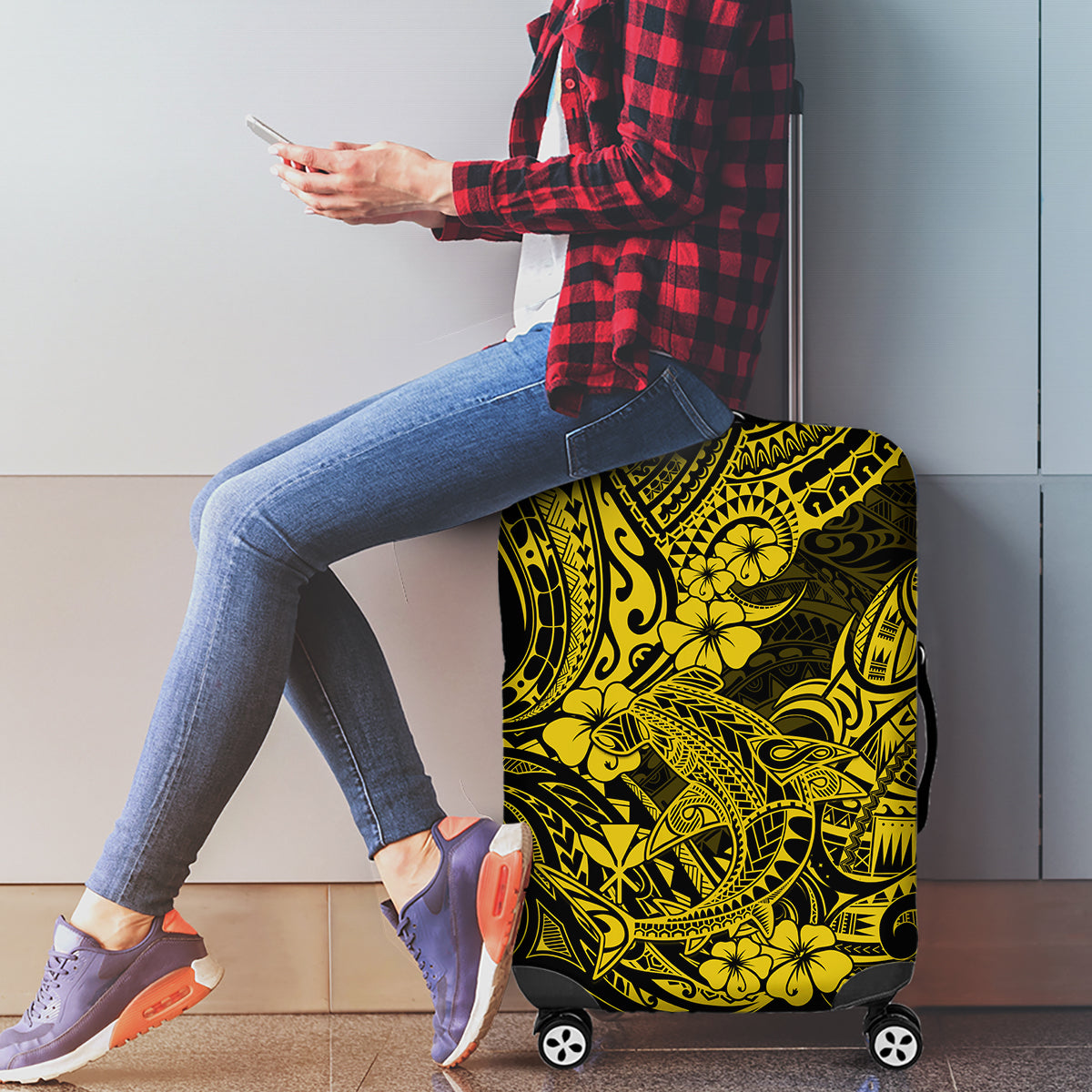 Hawaii Shark Luggage Cover Polynesian Pattern Yellow Version - Wonder Print Shop