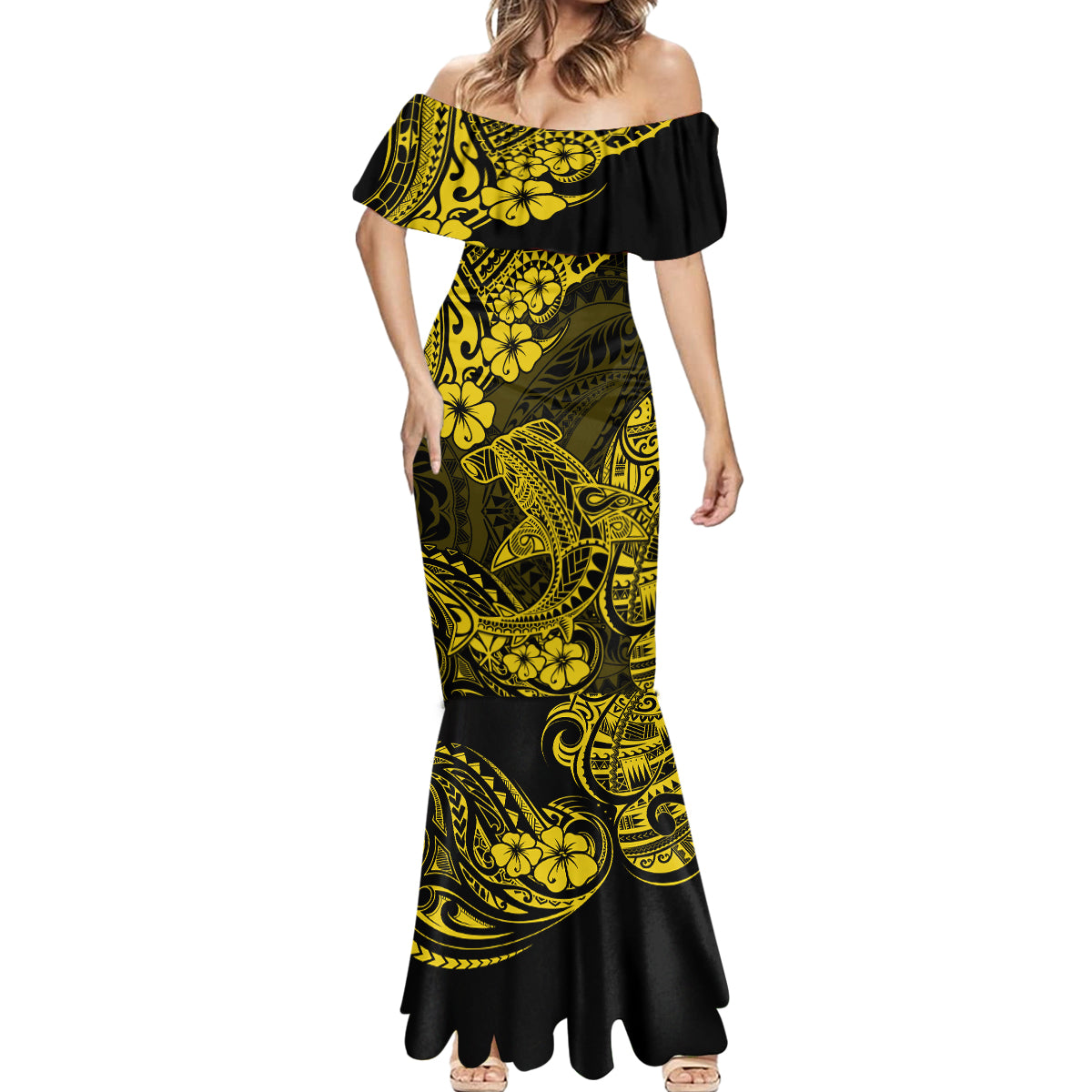 Hawaii Shark Mermaid Dress Polynesian Pattern Yellow Version - Wonder Print Shop