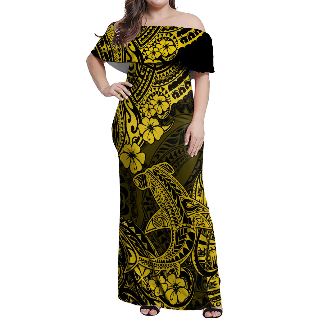 Hawaii Shark Off Shoulder Maxi Dress Polynesian Pattern Yellow Version - Wonder Print Shop
