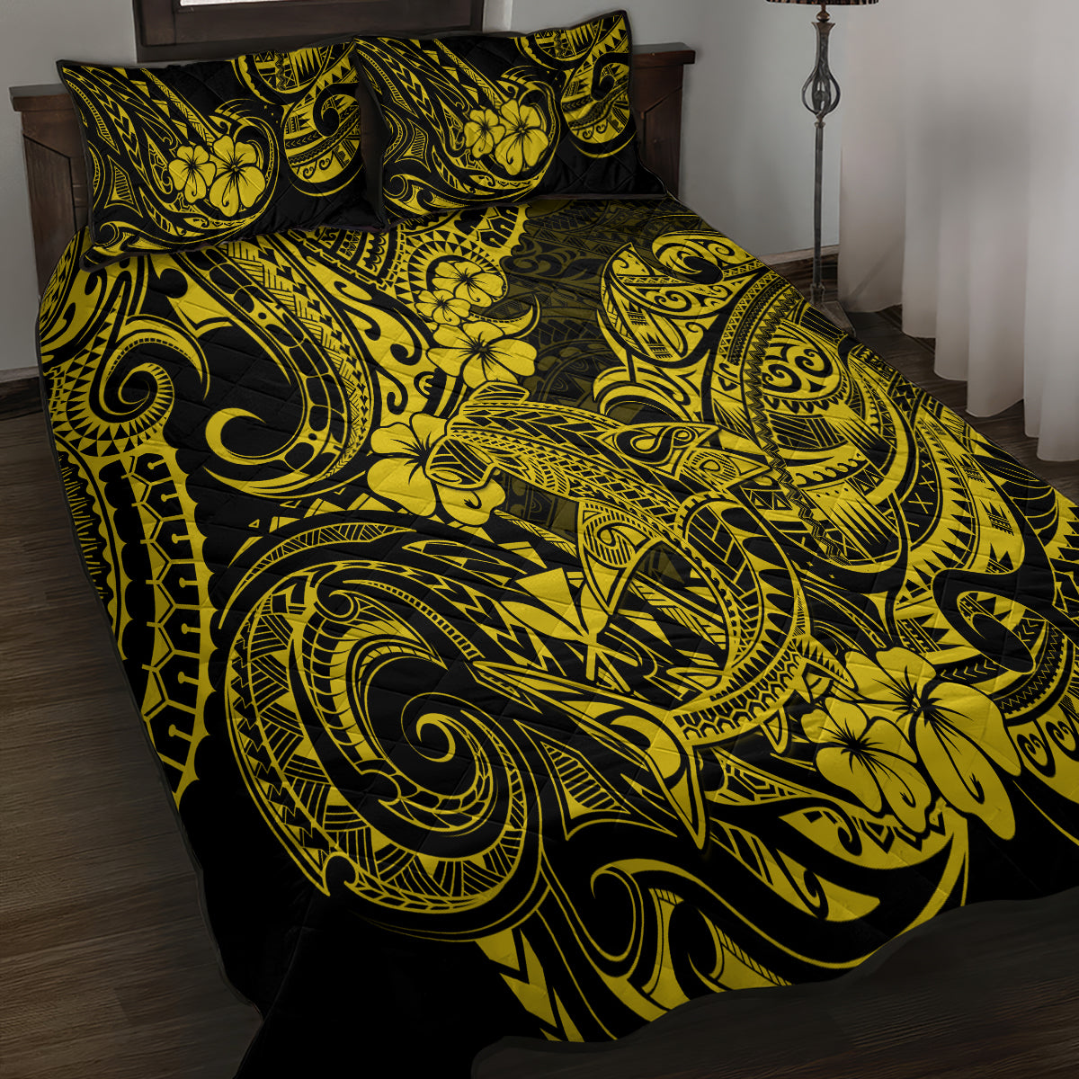 Hawaii Shark Quilt Bed Set Polynesian Pattern Yellow Version - Wonder Print Shop