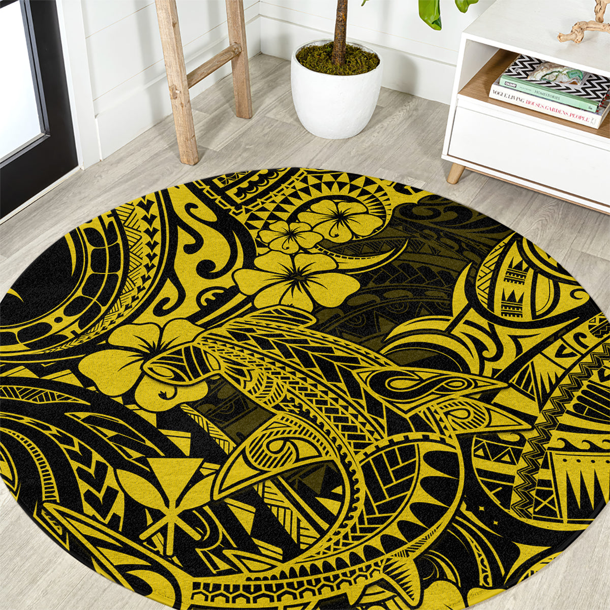 hawaii-shark-round-carpet-polynesian-pattern-yellow-version