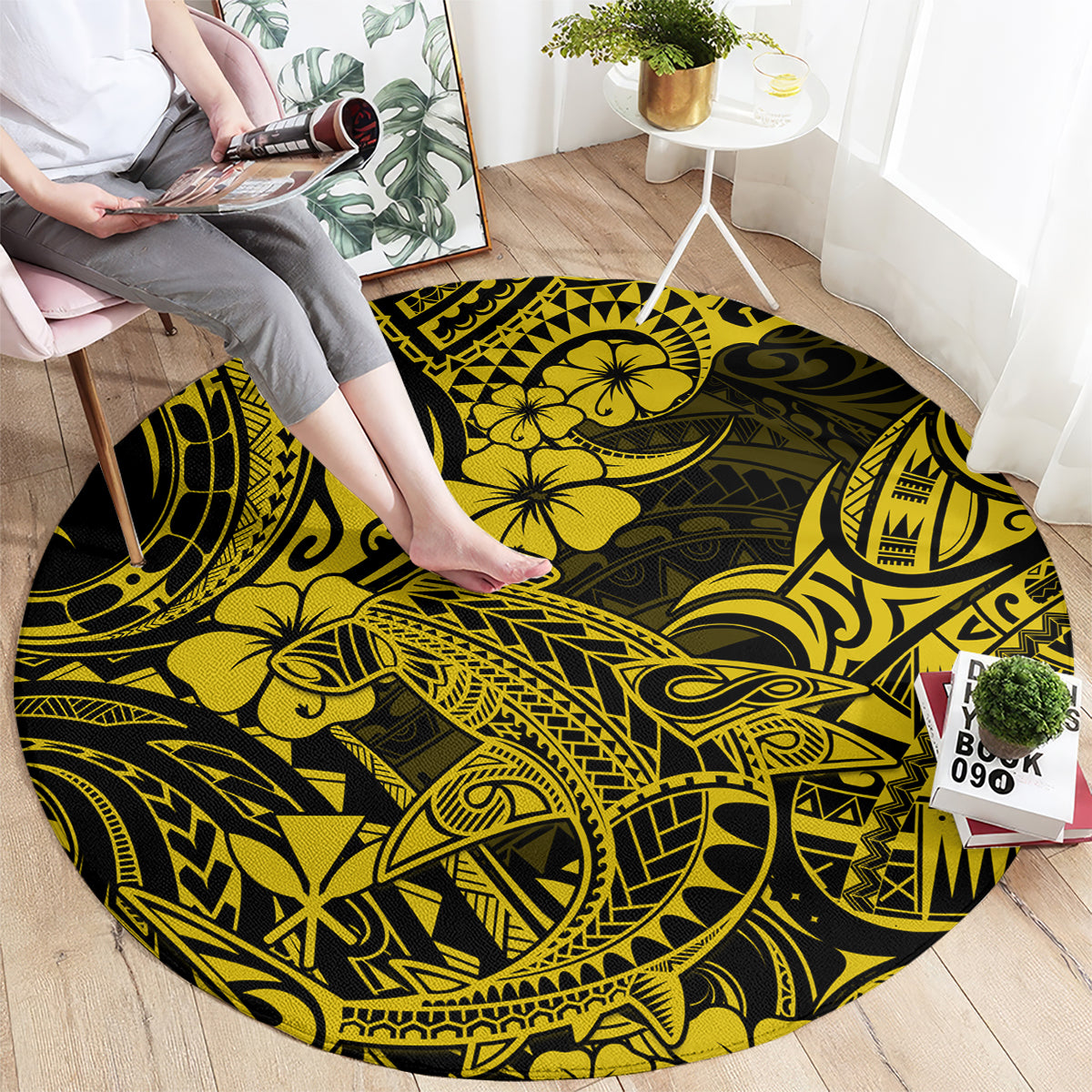 hawaii-shark-round-carpet-polynesian-pattern-yellow-version