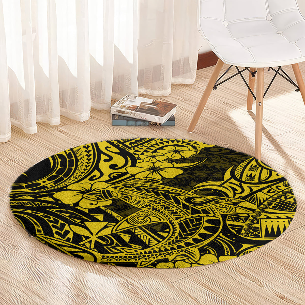 hawaii-shark-round-carpet-polynesian-pattern-yellow-version