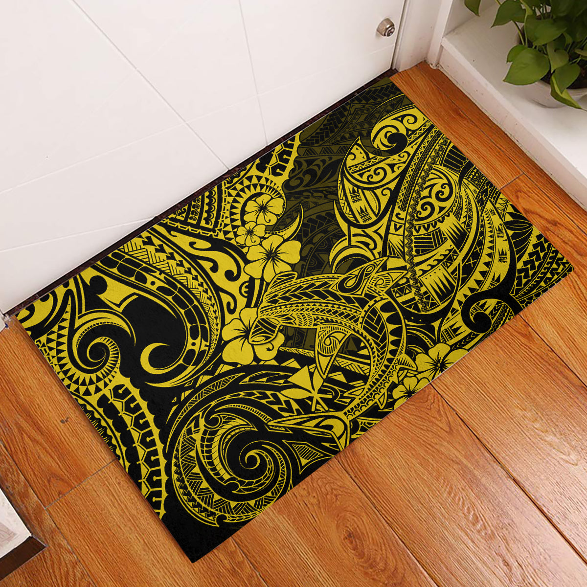 Hawaii Shark Rubber Doormat Polynesian Pattern Yellow Version - Wonder Print Shop