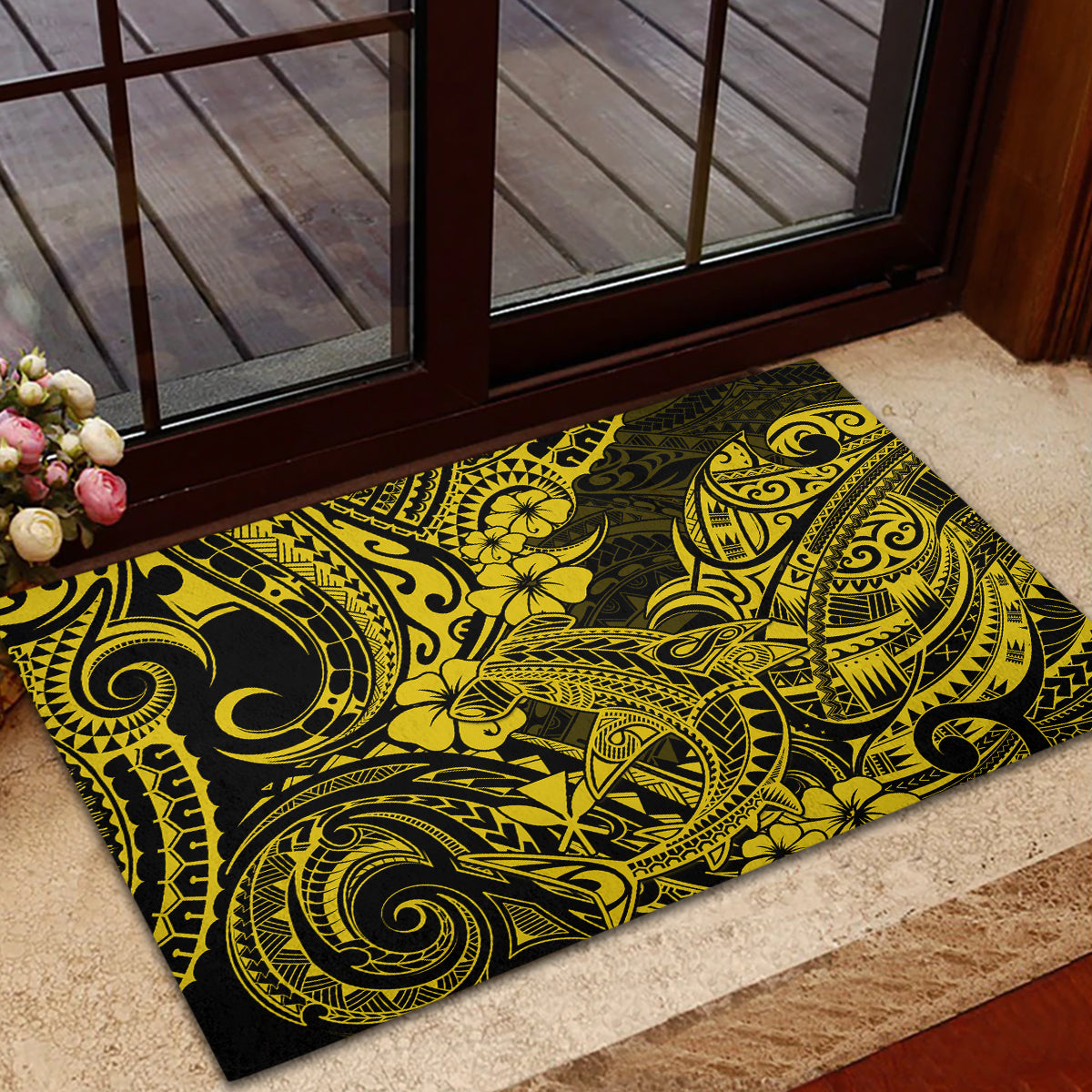 Hawaii Shark Rubber Doormat Polynesian Pattern Yellow Version - Wonder Print Shop