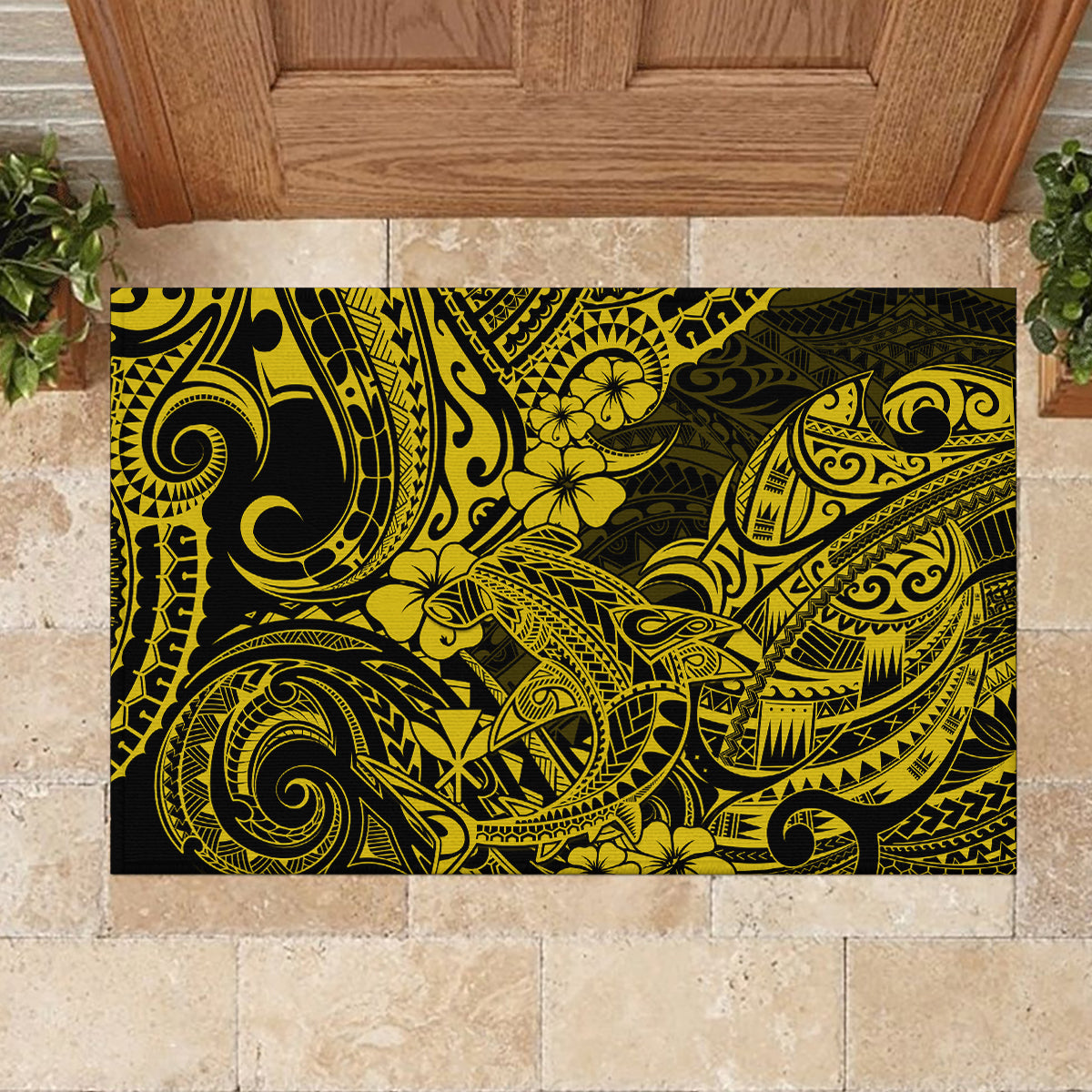 Hawaii Shark Rubber Doormat Polynesian Pattern Yellow Version - Wonder Print Shop