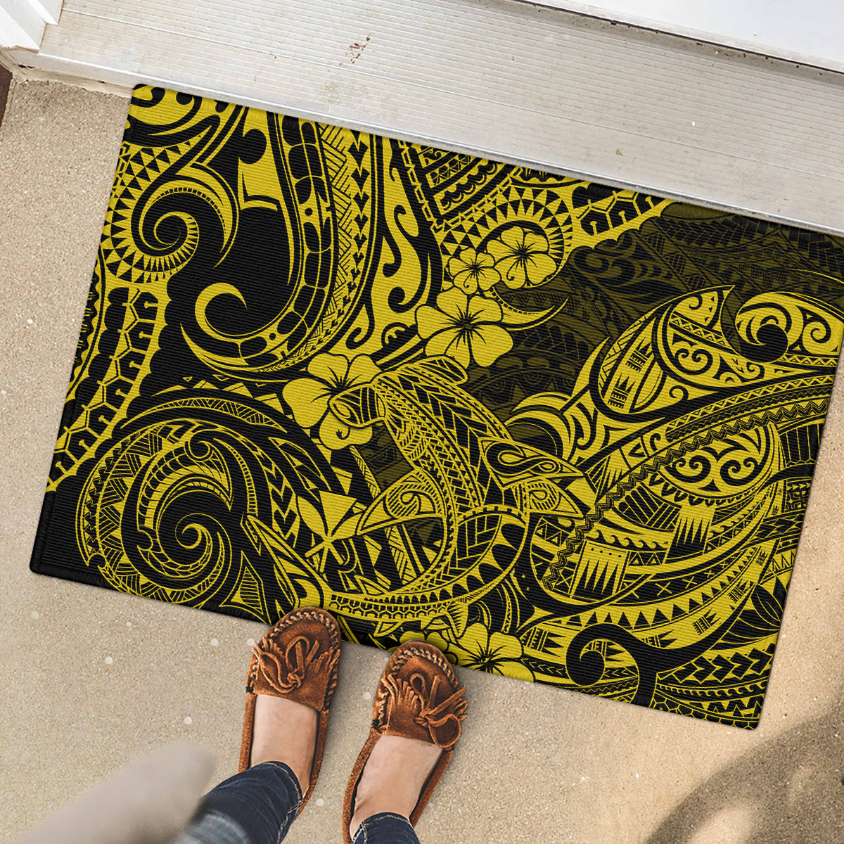 Hawaii Shark Rubber Doormat Polynesian Pattern Yellow Version - Wonder Print Shop