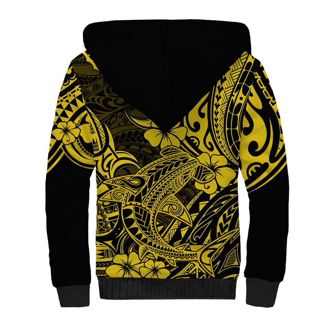 Hawaii Shark Sherpa Hoodie Polynesian Pattern Yellow Version - Wonder Print Shop