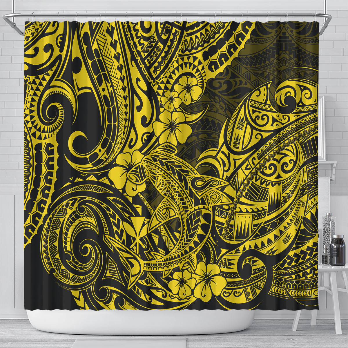 hawaii-shark-shower-curtain-polynesian-pattern-yellow-version