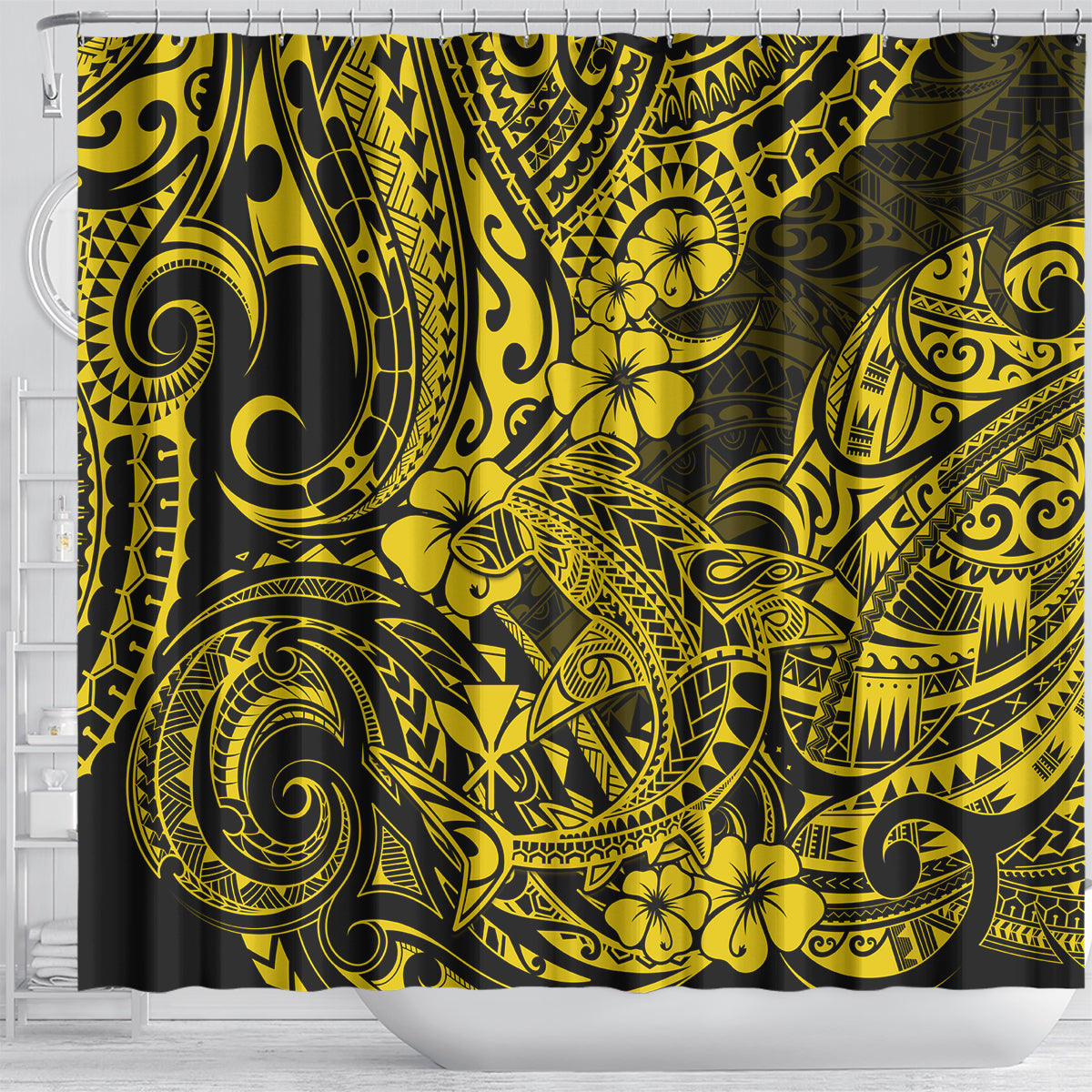 hawaii-shark-shower-curtain-polynesian-pattern-yellow-version