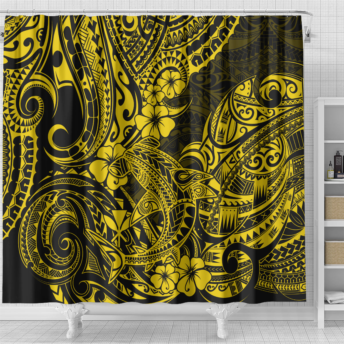 hawaii-shark-shower-curtain-polynesian-pattern-yellow-version