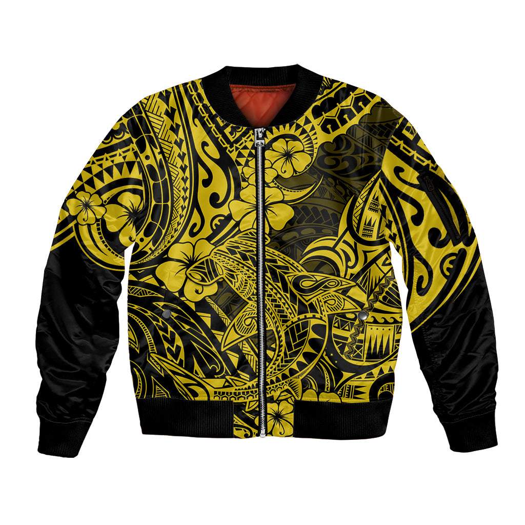 Hawaii Shark Sleeve Zip Bomber Jacket Polynesian Pattern Yellow Version - Wonder Print Shop