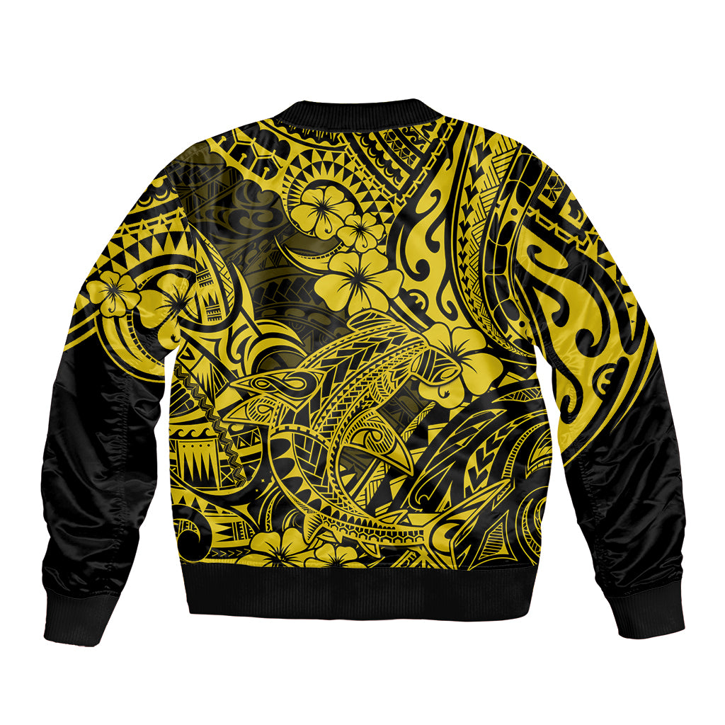 Hawaii Shark Sleeve Zip Bomber Jacket Polynesian Pattern Yellow Version - Wonder Print Shop