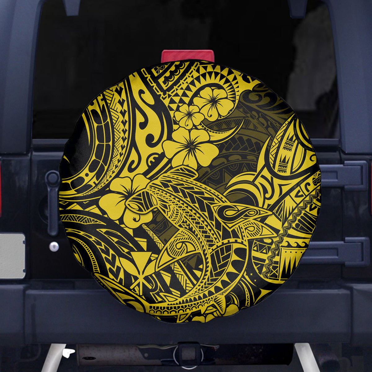 Hawaii Shark Spare Tire Cover Polynesian Pattern Yellow Version - Wonder Print Shop