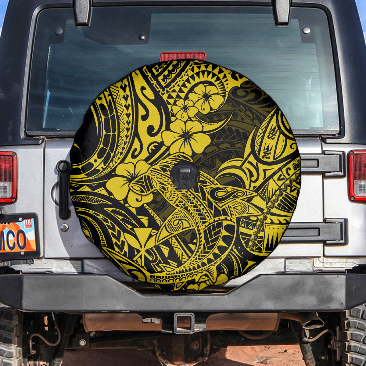 Hawaii Shark Spare Tire Cover Polynesian Pattern Yellow Version - Wonder Print Shop