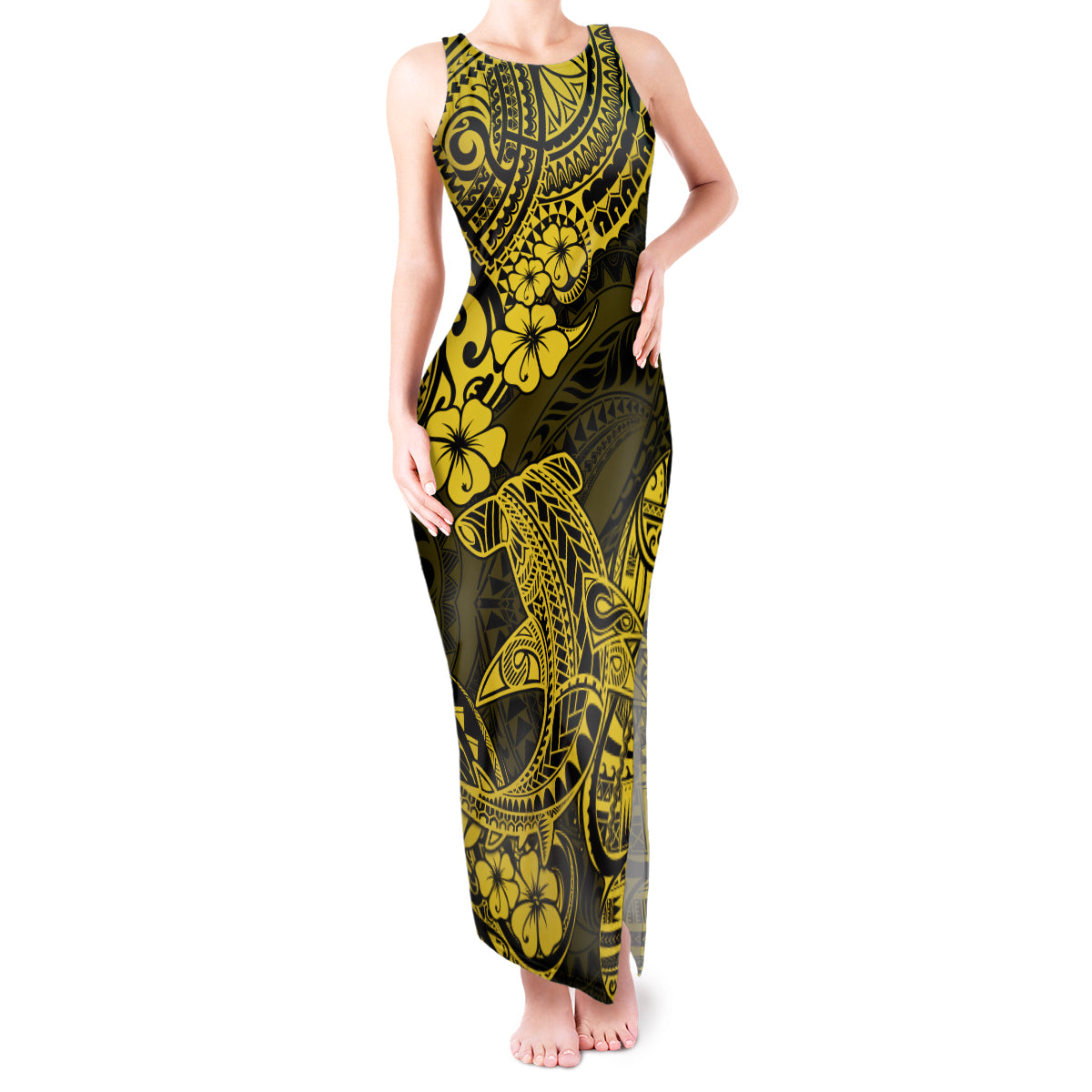Hawaii Shark Tank Maxi Dress Polynesian Pattern Yellow Version - Wonder Print Shop