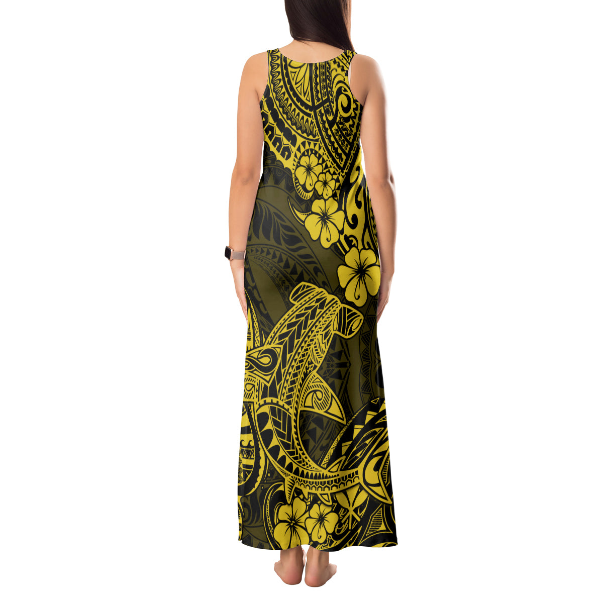 Hawaii Shark Tank Maxi Dress Polynesian Pattern Yellow Version - Wonder Print Shop
