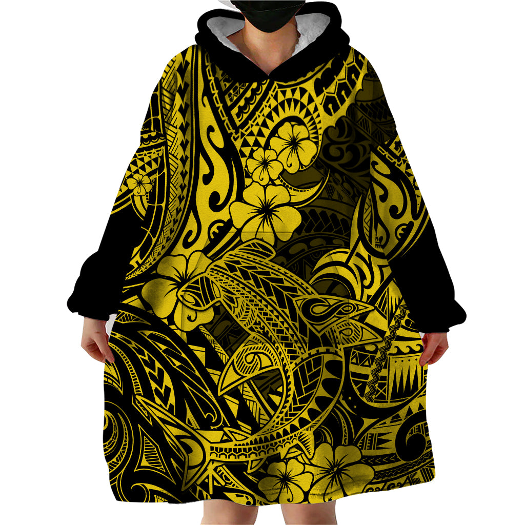 Hawaii Shark Wearable Blanket Hoodie Polynesian Pattern Yellow Version - Wonder Print Shop