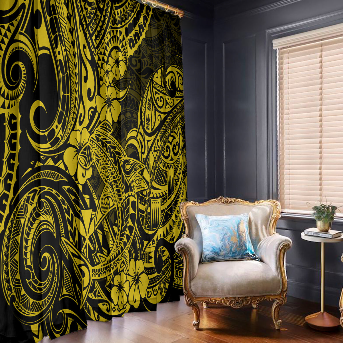 Hawaii Shark Window Curtain Polynesian Pattern Yellow Version - Wonder Print Shop