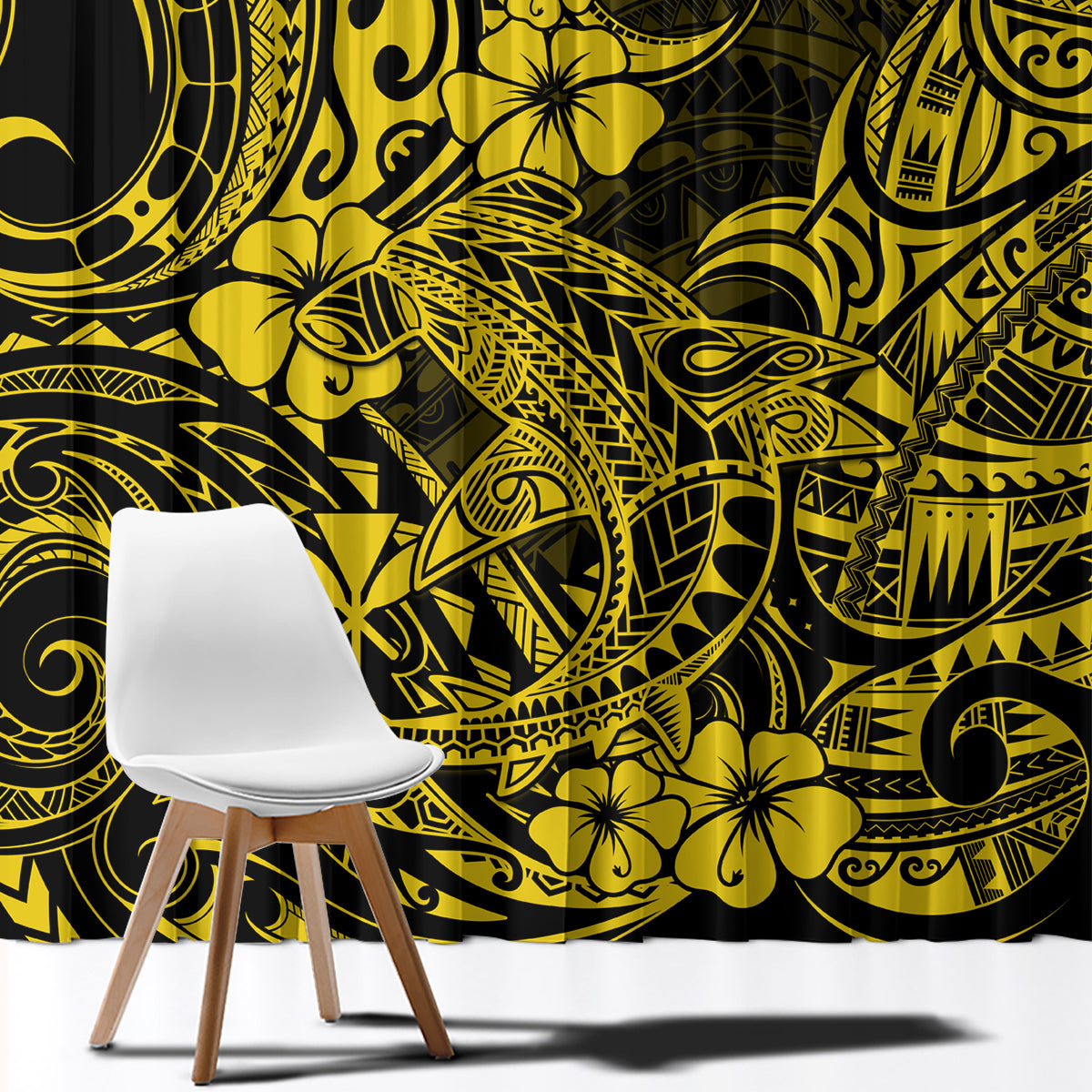 Hawaii Shark Window Curtain Polynesian Pattern Yellow Version - Wonder Print Shop