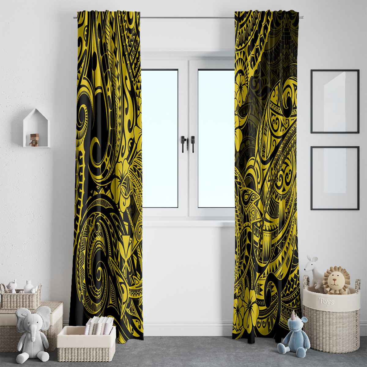 Hawaii Shark Window Curtain Polynesian Pattern Yellow Version - Wonder Print Shop