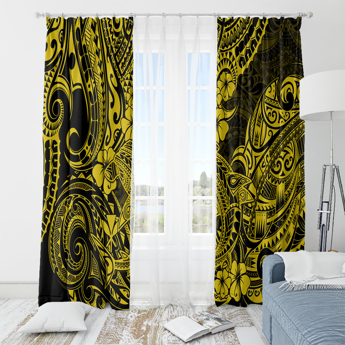 Hawaii Shark Window Curtain Polynesian Pattern Yellow Version - Wonder Print Shop