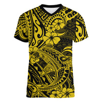 Hawaii Shark Women V Neck T Shirt Polynesian Pattern Yellow Version - Wonder Print Shop