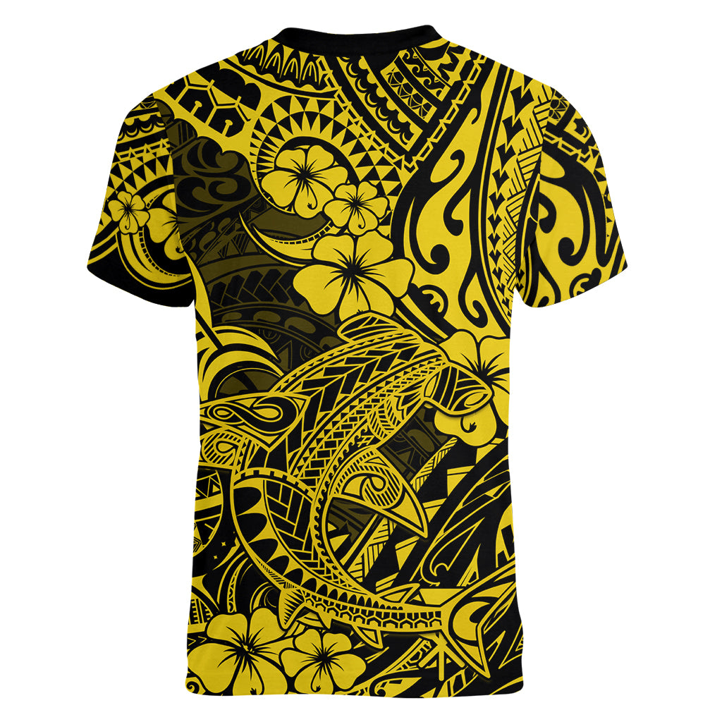 Hawaii Shark Women V Neck T Shirt Polynesian Pattern Yellow Version - Wonder Print Shop