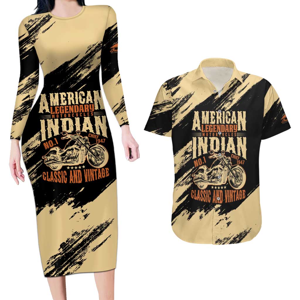 Personalized American Legendary Motorcycles Indian Chief 1947 Couples Matching Long Sleeve Bodycon Dress and Hawaiian Shirt Classic and Vintage - Wonder Print Shop