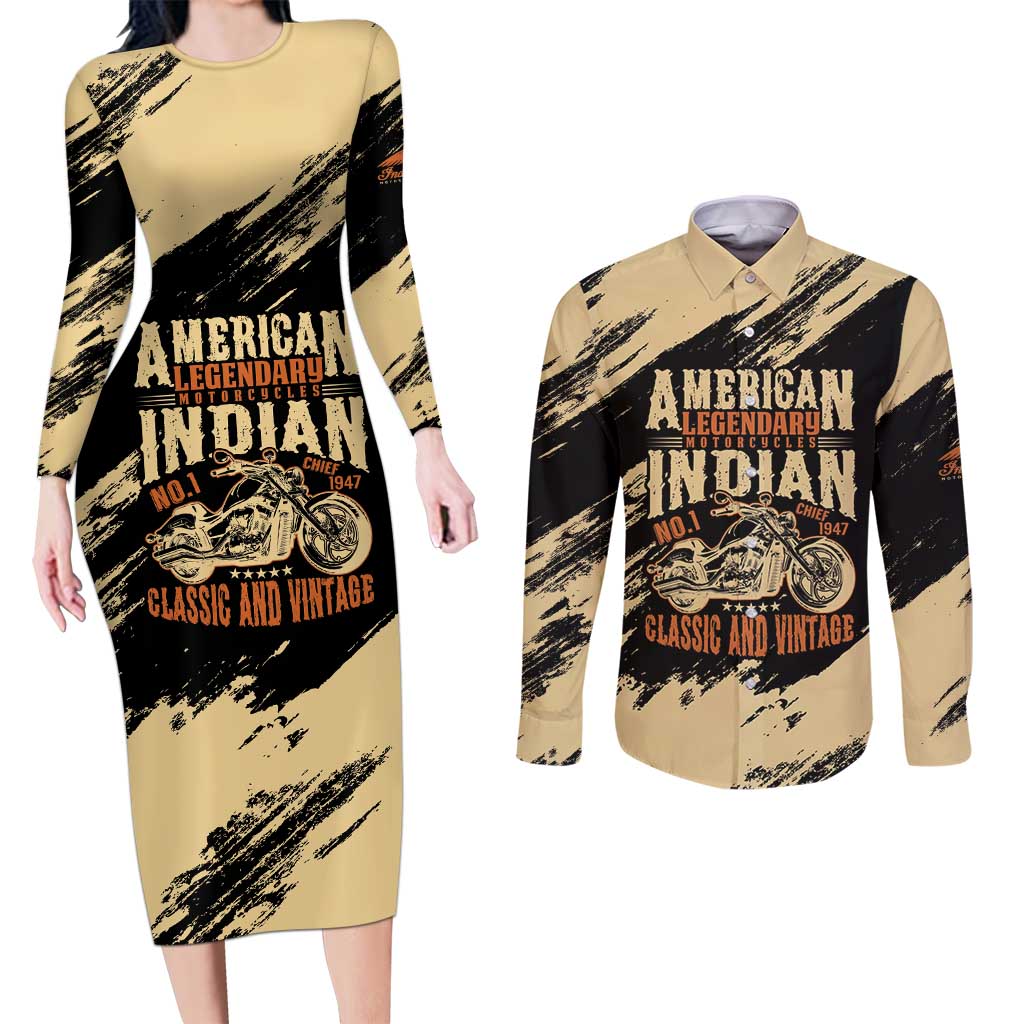 Personalized American Legendary Motorcycles Indian Chief 1947 Couples Matching Long Sleeve Bodycon Dress and Long Sleeve Button Shirt Classic and Vintage - Wonder Print Shop