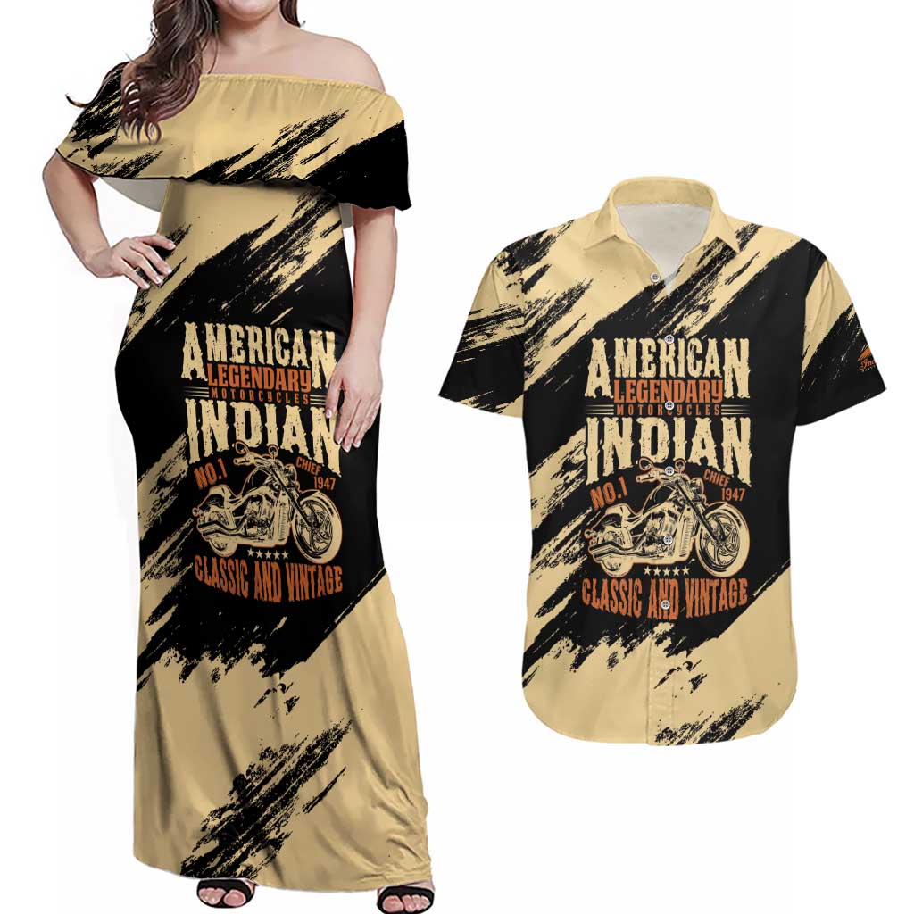 Personalized American Legendary Motorcycles Indian Chief 1947 Couples Matching Off Shoulder Maxi Dress and Hawaiian Shirt Classic and Vintage - Wonder Print Shop