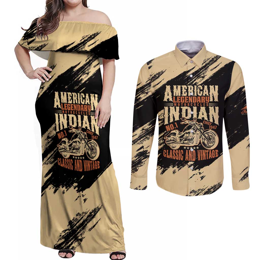 Personalized American Legendary Motorcycles Indian Chief 1947 Couples Matching Off Shoulder Maxi Dress and Long Sleeve Button Shirt Classic and Vintage - Wonder Print Shop
