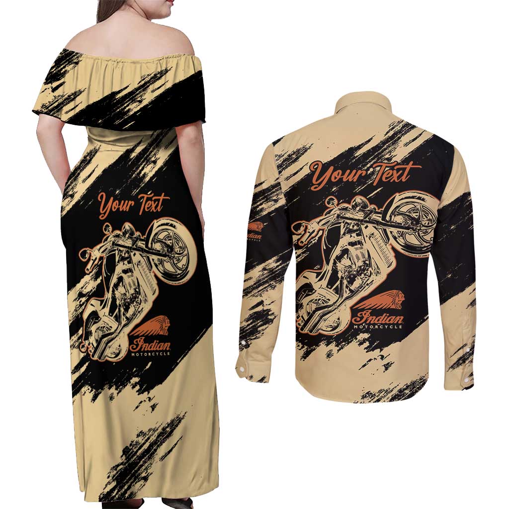 Personalized American Legendary Motorcycles Indian Chief 1947 Couples Matching Off Shoulder Maxi Dress and Long Sleeve Button Shirt Classic and Vintage - Wonder Print Shop