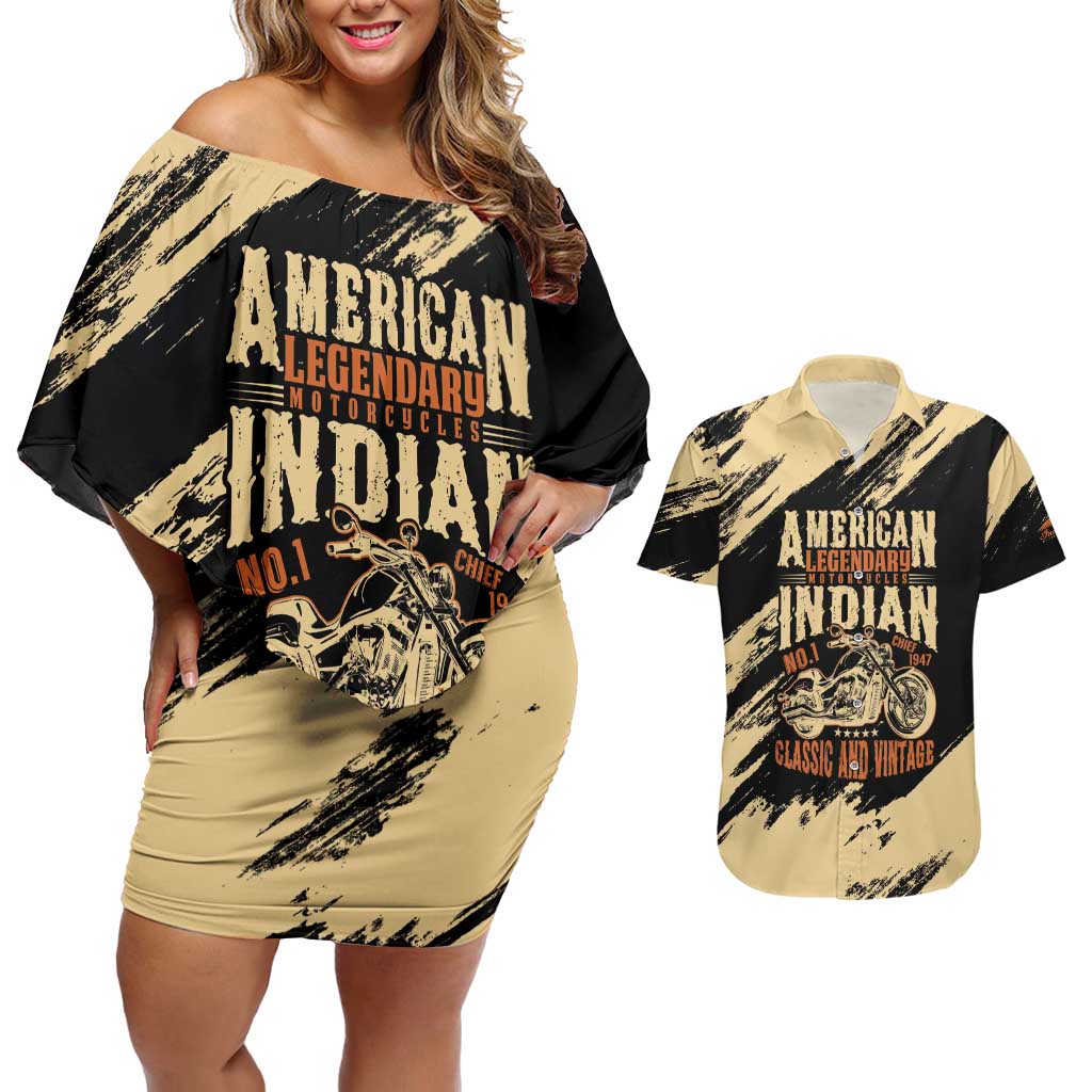 Personalized American Legendary Motorcycles Indian Chief 1947 Couples Matching Off Shoulder Short Dress and Hawaiian Shirt Classic and Vintage - Wonder Print Shop