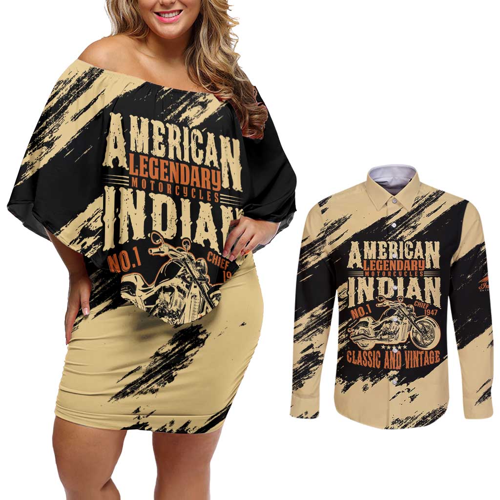 Personalized American Legendary Motorcycles Indian Chief 1947 Couples Matching Off Shoulder Short Dress and Long Sleeve Button Shirt Classic and Vintage - Wonder Print Shop