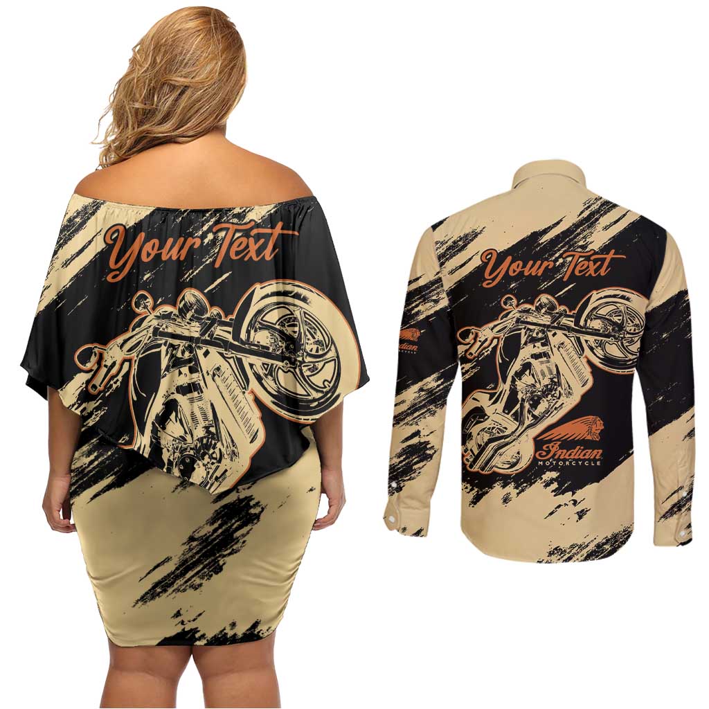 Personalized American Legendary Motorcycles Indian Chief 1947 Couples Matching Off Shoulder Short Dress and Long Sleeve Button Shirt Classic and Vintage - Wonder Print Shop