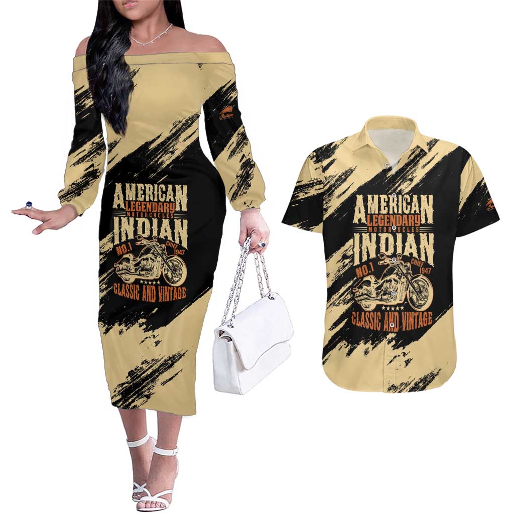 Personalized American Legendary Motorcycles Indian Chief 1947 Couples Matching Off The Shoulder Long Sleeve Dress and Hawaiian Shirt Classic and Vintage - Wonder Print Shop