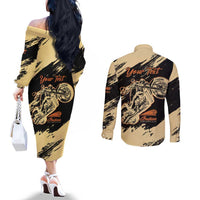 Personalized American Legendary Motorcycles Indian Chief 1947 Couples Matching Off The Shoulder Long Sleeve Dress and Long Sleeve Button Shirt Classic and Vintage - Wonder Print Shop