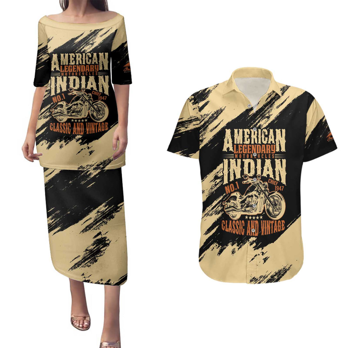 Personalized American Legendary Motorcycles Indian Chief 1947 Couples Matching Puletasi and Hawaiian Shirt Classic and Vintage - Wonder Print Shop
