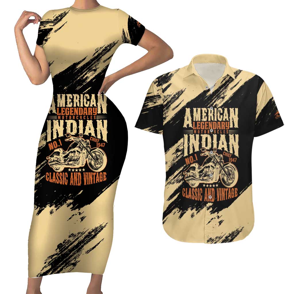 Personalized American Legendary Motorcycles Indian Chief 1947 Couples Matching Short Sleeve Bodycon Dress and Hawaiian Shirt Classic and Vintage - Wonder Print Shop