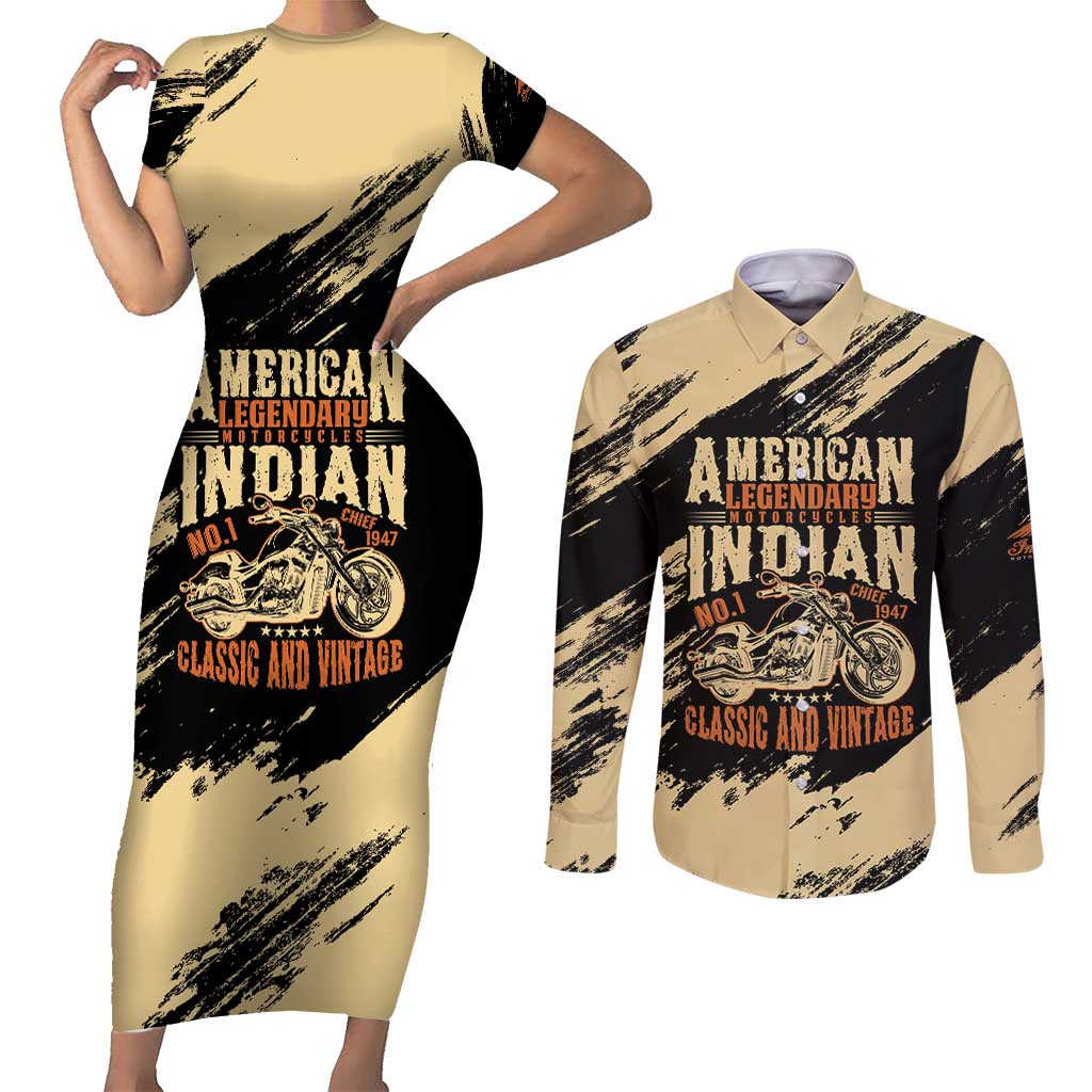 Personalized American Legendary Motorcycles Indian Chief 1947 Couples Matching Short Sleeve Bodycon Dress and Long Sleeve Button Shirt Classic and Vintage - Wonder Print Shop