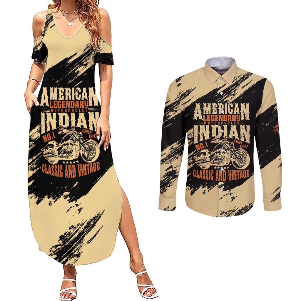 Personalized American Legendary Motorcycles Indian Chief 1947 Couples Matching Summer Maxi Dress and Long Sleeve Button Shirt Classic and Vintage - Wonder Print Shop