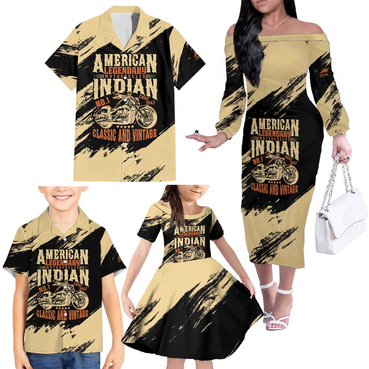 Personalized American Legendary Motorcycles Indian Chief 1947 Family Matching Off The Shoulder Long Sleeve Dress and Hawaiian Shirt Classic and Vintage - Wonder Print Shop