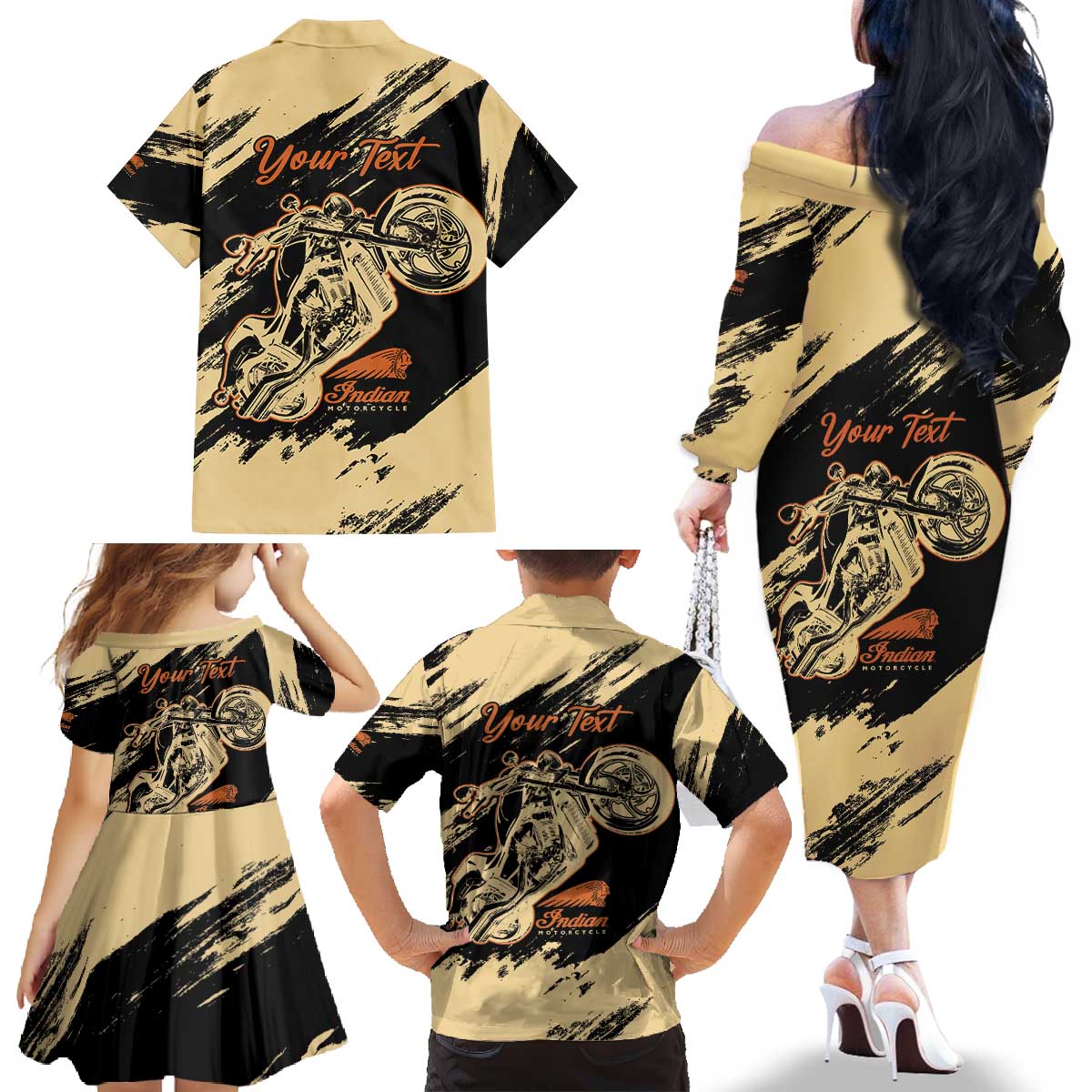 Personalized American Legendary Motorcycles Indian Chief 1947 Family Matching Off The Shoulder Long Sleeve Dress and Hawaiian Shirt Classic and Vintage - Wonder Print Shop