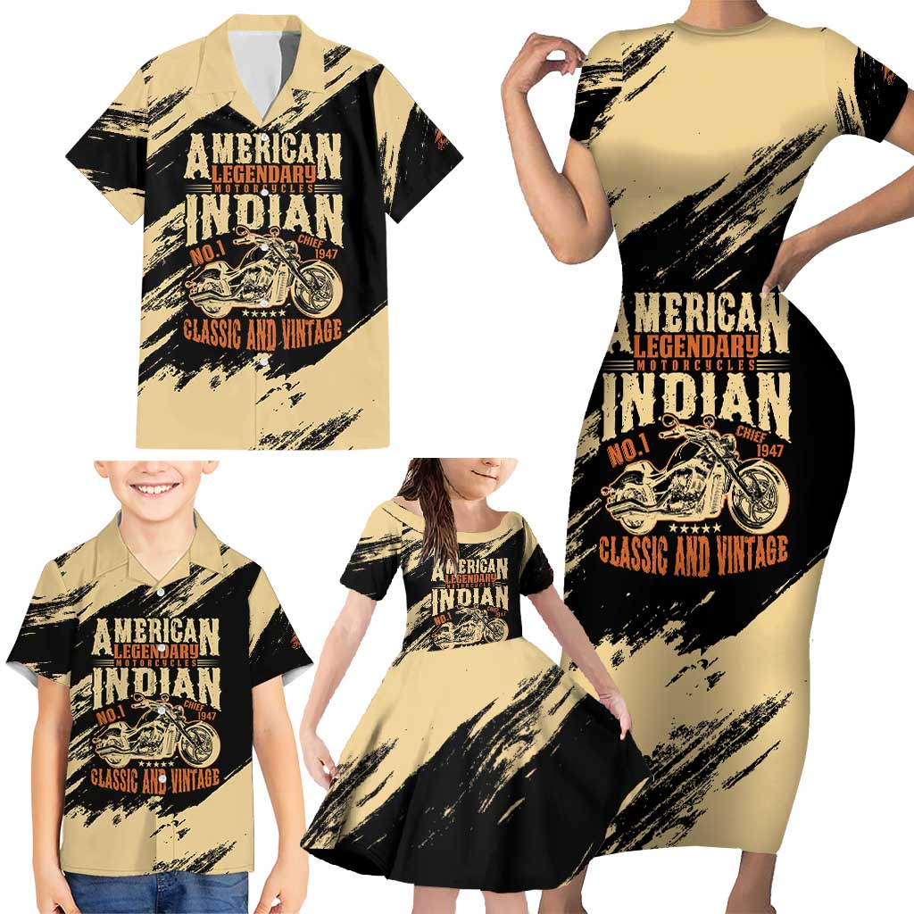 Personalized American Legendary Motorcycles Indian Chief 1947 Family Matching Short Sleeve Bodycon Dress and Hawaiian Shirt Classic and Vintage - Wonder Print Shop